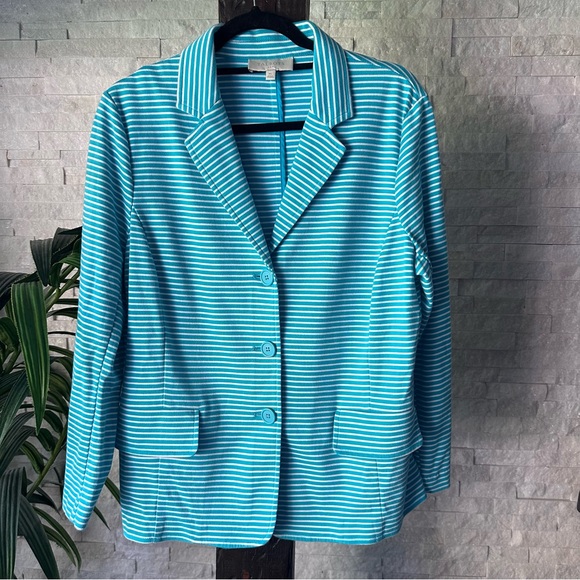 TALBOTS Turquoise Blue Green White Stripe Stretchy  Knit Blazer Size XL - Picture 1 of 6
